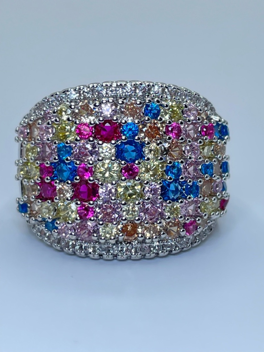 Silver Multicolor CZ Wide Band Ring Statement Cluster Sz 8 Bold Sparkly